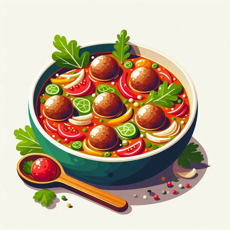 Vegetable soup with meatballs in a bowl. Vector illustration.のイラスト素材