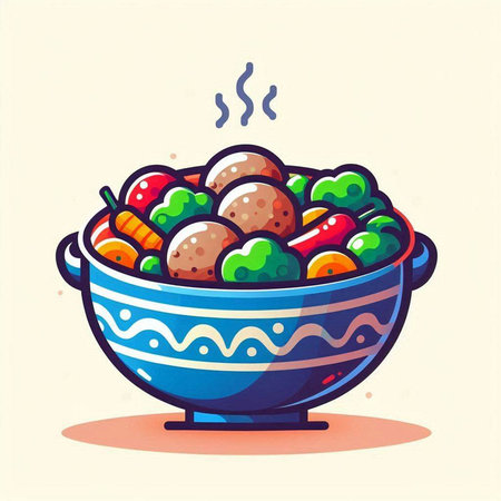 Cartoon vector illustration of a bowl of soup with meatballs and vegetablesのイラスト素材