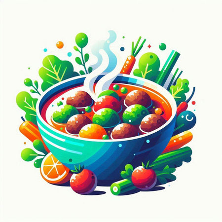 Vegetable soup with meatballs and vegetables. Vector illustration.のイラスト素材