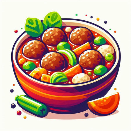 Meatballs in tomato sauce in a bowl. Vector illustration on white background.のイラスト素材