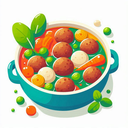 Vegetable soup with meatballs in a bowl. Vector illustration.のイラスト素材