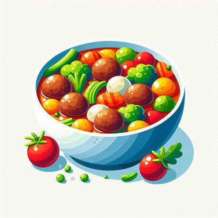 Vector illustration of a bowl of meatballs with vegetables on a white backgroundのイラスト素材