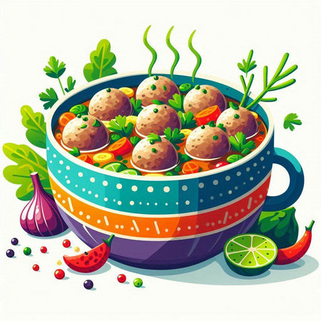 Vegetable soup with meatballs in a bowl. Vector illustration.のイラスト素材