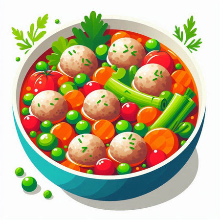 Vegetable soup with meatballs in a bowl. Vector illustration.のイラスト素材