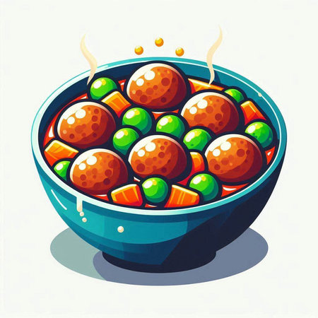 Illustration of a bowl of meatballs with peas and carrots.のイラスト素材