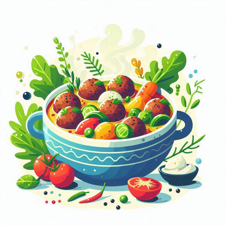 Vector illustration of a bowl of salad with meatballs and vegetables.のイラスト素材