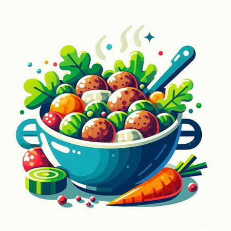 Salad with meatballs and vegetables in a bowl. Vector illustration.のイラスト素材