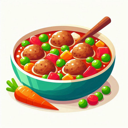 Meatballs in tomato sauce with carrots and peas in bowl. Cartoon vector illustration.のイラスト素材