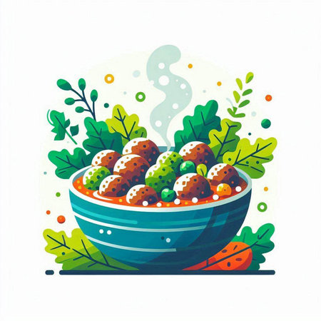 Vegetable salad with meatballs in a bowl. Vector illustration.のイラスト素材