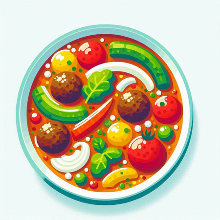Tomato soup with meatballs and vegetables. Vector illustration in flat style.のイラスト素材