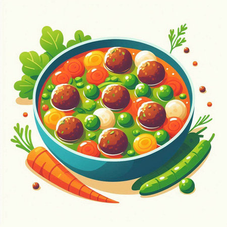 Meatballs in tomato sauce with green peas and carrots. Vector illustration.のイラスト素材