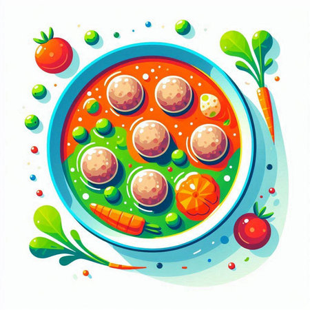 Vector illustration of a bowl of vegetable soup with meatballs and vegetables.のイラスト素材