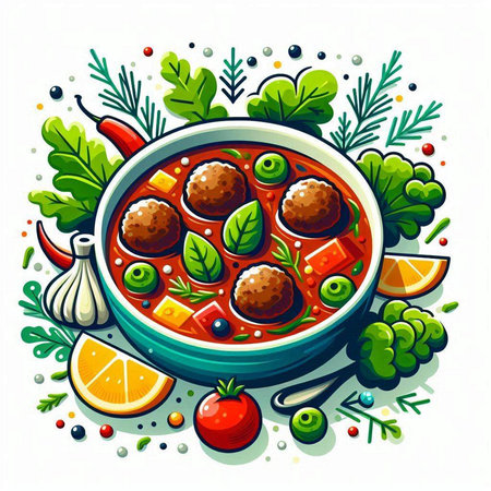 Vector illustration of soup with meatballs and vegetables in a bowl.のイラスト素材