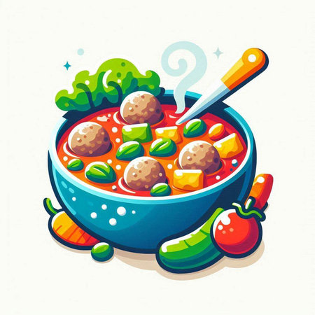Vector illustration of a bowl of soup with meatballs and vegetables.のイラスト素材