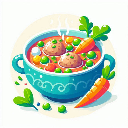 Vector illustration of soup with meatballs, carrot and parsley.のイラスト素材