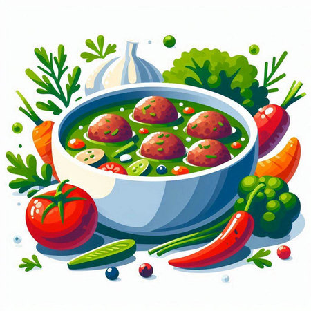 Vegetable soup with meatballs and vegetables. Vector illustration.のイラスト素材