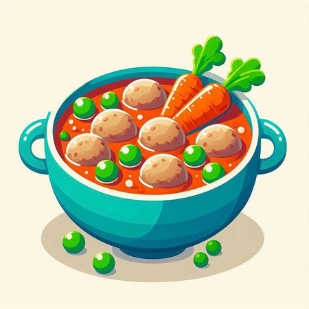 Vector illustration of soup with meatballs and carrots in a bowl.のイラスト素材