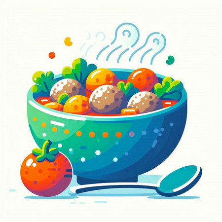 Vector illustration of a bowl of vegetable soup with meatballs and tomatoesのイラスト素材