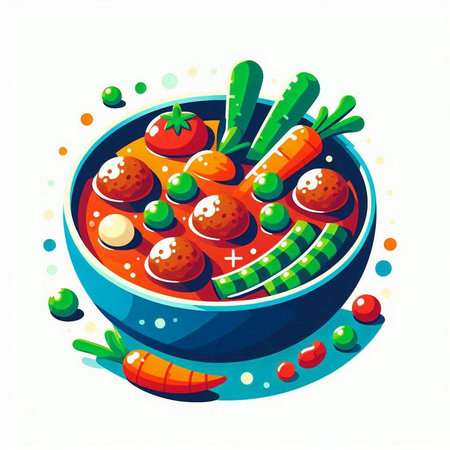 Vector illustration of a bowl of meatballs, carrots and peas.のイラスト素材