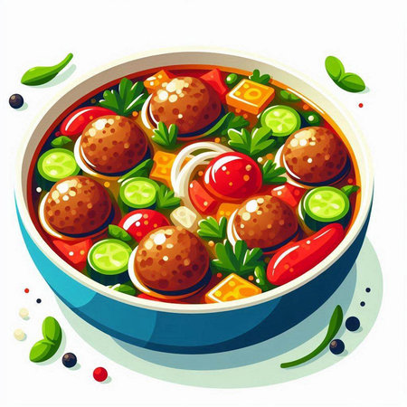 Illustration of a bowl of meatballs with vegetables on a white backgroundのイラスト素材