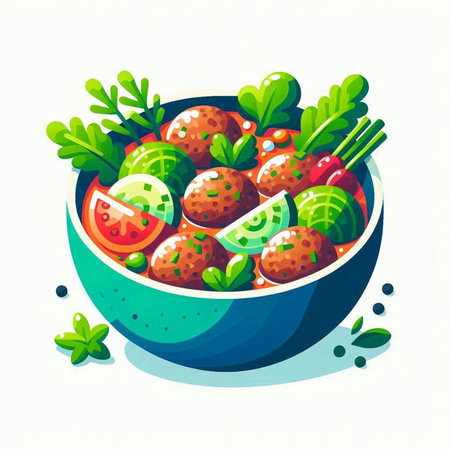 Salad with meatballs and vegetables. Vector illustration in cartoon style.のイラスト素材