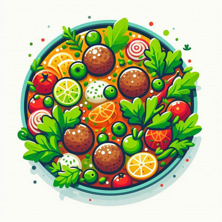 Vegetable salad with meatballs, tomatoes, cucumbers and parsley. Vector illustration.のイラスト素材