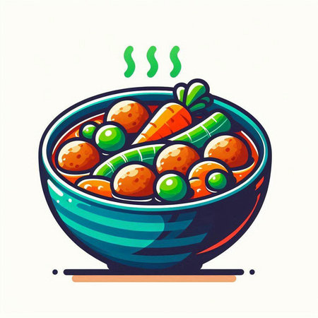 Bowl of soup with meatballs and carrots, vector illustration.のイラスト素材