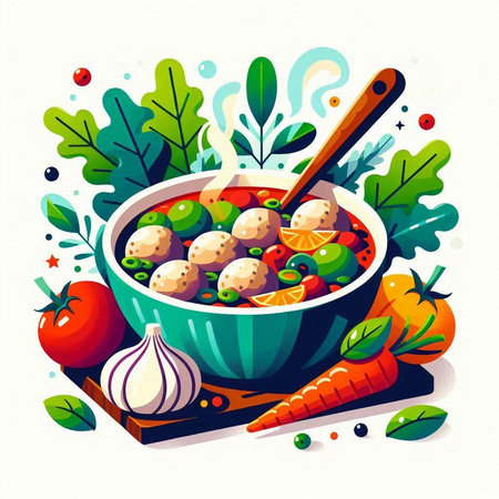 Vegetarian soup with meatballs and vegetables. Vector illustration.のイラスト素材