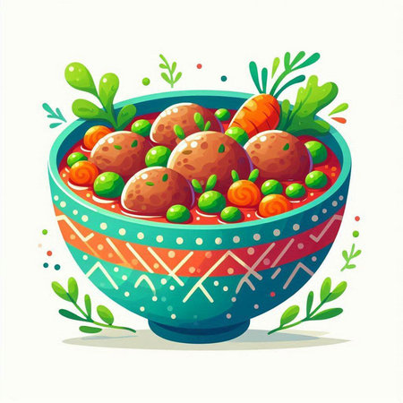 Ceramic bowl with meatballs and vegetables, vector illustration.のイラスト素材