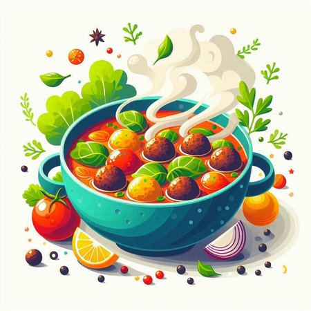Vegetable soup with meatballs in a bowl. Vector illustration.のイラスト素材