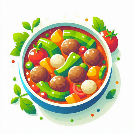 Meatballs in tomato sauce with cucumber and pepper. Vector illustration.のイラスト素材