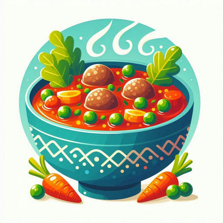 Illustration of a bowl of soup with meatballs and vegetables.のイラスト素材