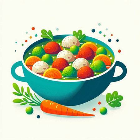 Illustration of a bowl of fresh vegetables and mozzarella ballsのイラスト素材