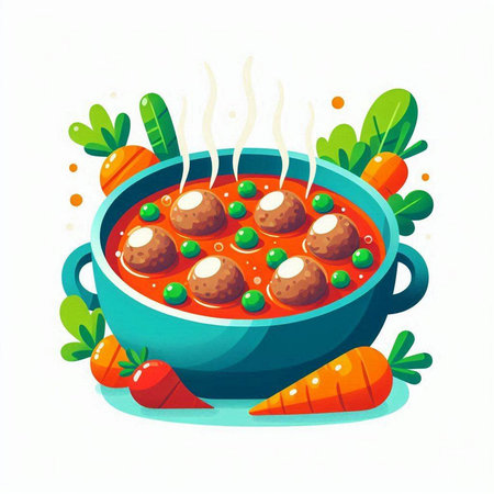 Meatballs in tomato sauce with carrots and herbs. Vector illustration.のイラスト素材
