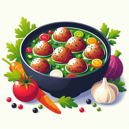 Meatballs with vegetables and herbs in a pan. Vector illustration.のイラスト素材