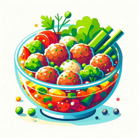 Salad with meatballs, vegetables and greens. Vector illustration.のイラスト素材