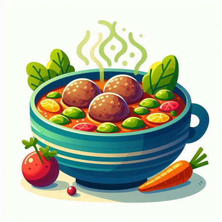 Vector illustration of a bowl of soup with meatballs and vegetables.のイラスト素材