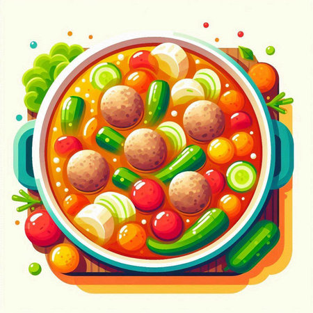 Vegetable soup with meatballs, tomato, cucumber, bell pepper, onion, parsley. Vector illustrationのイラスト素材