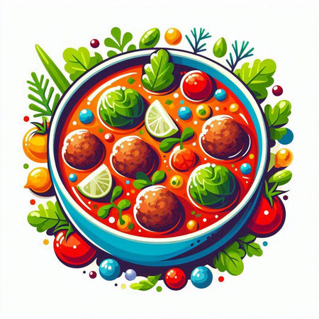 Vector illustration of a bowl of tomato soup with meatballs and vegetablesのイラスト素材
