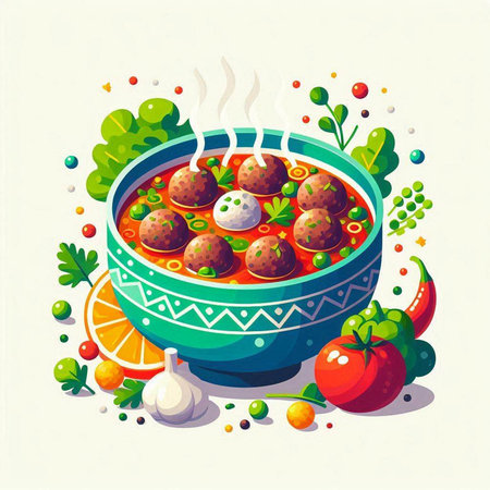 Vector illustration of a bowl with meatballs, tomato and salad.のイラスト素材