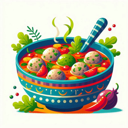Vector illustration of a bowl of soup with meatballs and vegetables.のイラスト素材