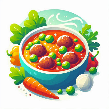 Tomato soup with meatballs and peas in bowl. Vector illustration.のイラスト素材