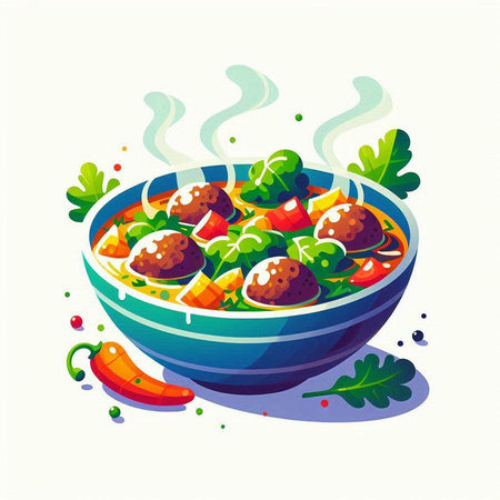 Bowl of vegetable salad with meatballs. Vector illustration in cartoon styleのイラスト素材