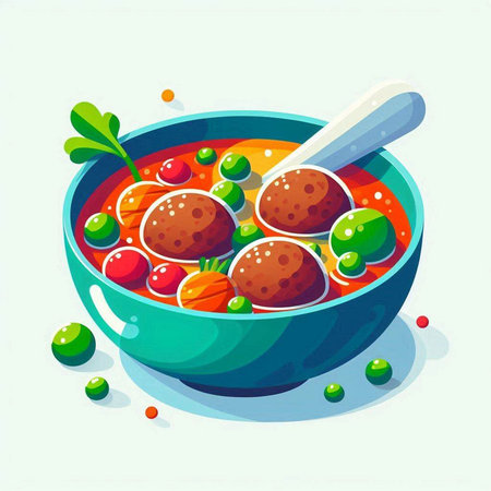 Vector illustration of soup with meatballs and peas in a bowl.のイラスト素材