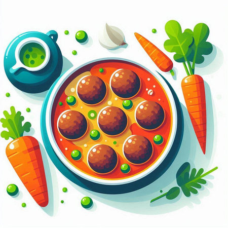 Meatballs in tomato sauce with carrots and peas. Vector illustration.のイラスト素材