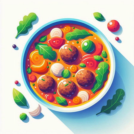 Meatballs in tomato sauce with vegetables in bowl. Vector illustration.のイラスト素材
