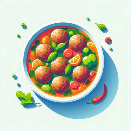 Bowl of soup with meatballs and vegetables. Vector illustration.のイラスト素材