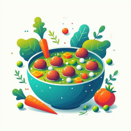 Vegetable soup with meatballs in a bowl. Vector illustration.のイラスト素材