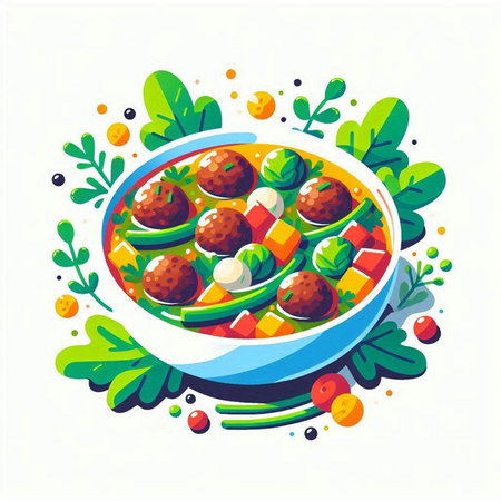 Vegetable salad with meatballs in a bowl. Vector illustration.のイラスト素材