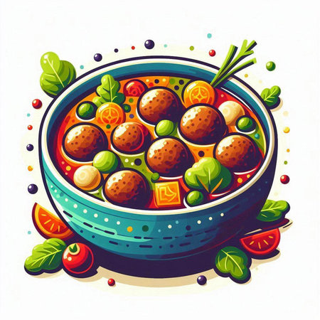 Illustration of a bowl of meatballs with vegetables and greens.のイラスト素材